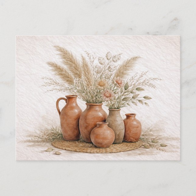 Postal Jarrón de terracota boho con flores de hierba de P (Anverso)