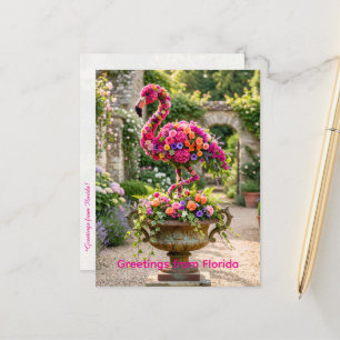 Postal Jarrón de Topiaria de Flamenco y Flores Tropicales
