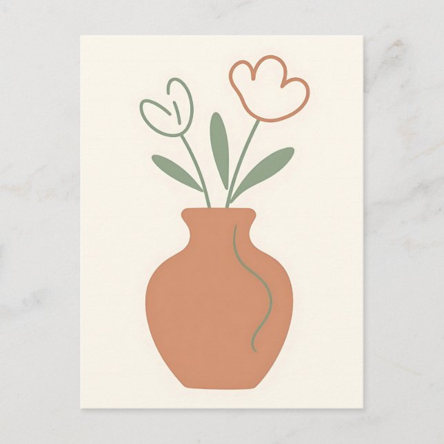 Postal Jarrón de Tulipanes Minimalista Arte de Línea (Anverso)