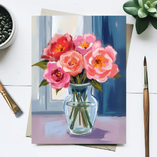 Postal Jarrón de vidrio con ramo de rosas rosadas floral
