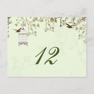 Postal jaula de pájaro verde floral, números de tabla de 