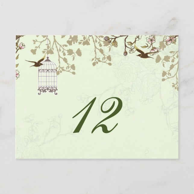 Postal jaula de pájaro verde floral, números de tabla de  (Anverso)