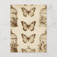 Jaula de Pájaro Vintage Mariposa Rosa Patrón Sepia