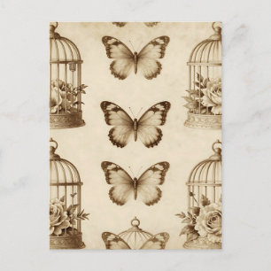 Postal Jaula de Pájaro Vintage Mariposa Rosa Patrón Sepia