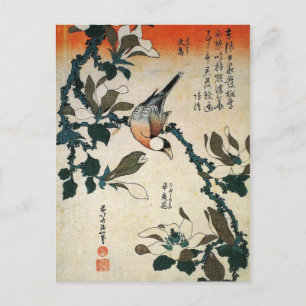 Postal Java Sparrow y Kobushi Magnolia (por Hokusai)