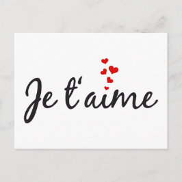 Postal Je t'aime, arte verbal francés con corazones