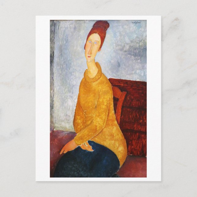 Postal Jeanne Hebuterne con suéter amarillo, Modigliani (Anverso)