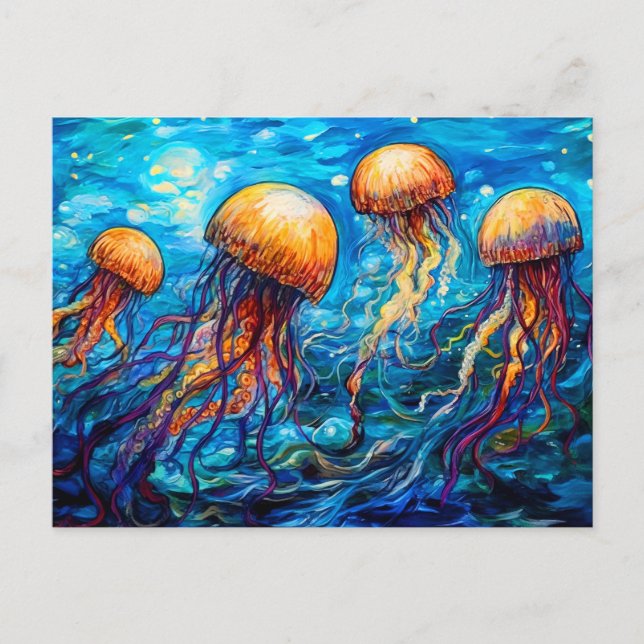 Postal Jellyfish in Swirling Underwater Oil Painting (Anverso)