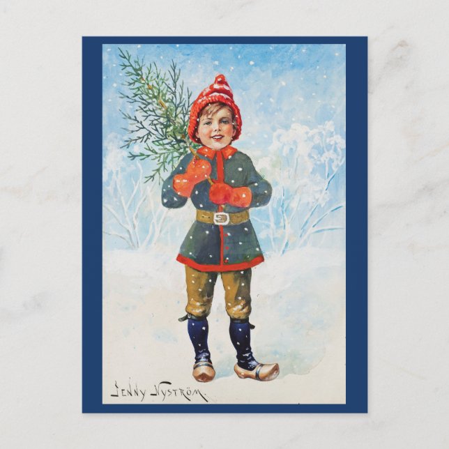 Postal Jenny Nystrom - Niño con árbol de Navidad (Anverso)