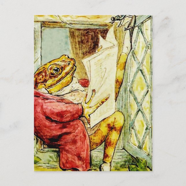 Postal "Jeremy Fisher lee las noticias" de Beatrix Potter (Anverso)