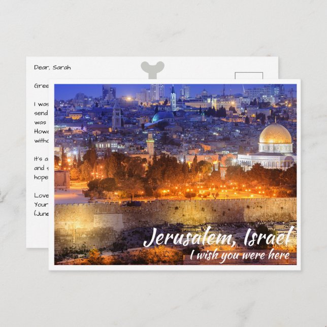 Postal Jerusalén Israel con la cúpula de la roca de noche (Anverso / Reverso)