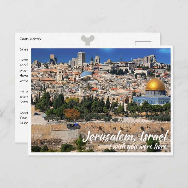 Postal Jerusalén Israel con muro y cúpula de la roca (Anverso / Reverso)