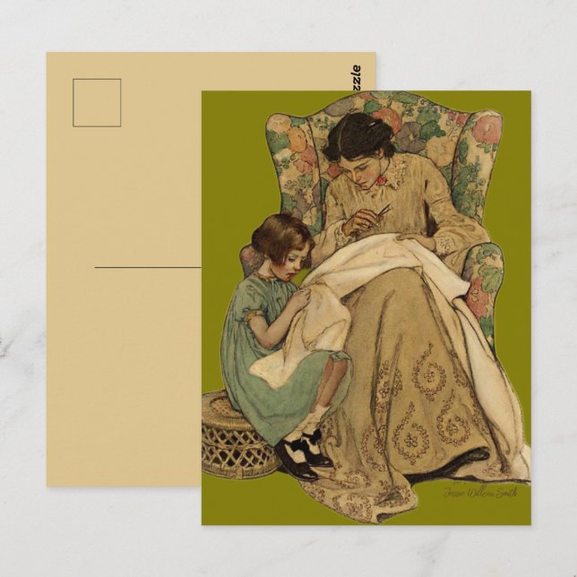 Postal Jessie Wilcox Smith "La lección de costura" (Anverso / Reverso)