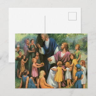 Postal Jesucristo bendiciendo a los niños, religión vinta