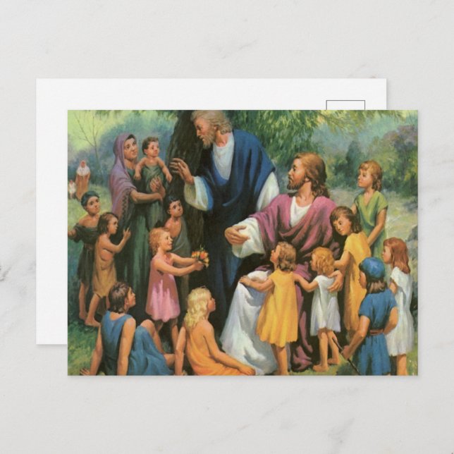 Postal Jesucristo bendiciendo niños, religión vintage (Anverso / Reverso)