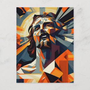 Postal Jesucristo en estilo cubista naranja y pizarra