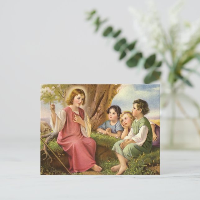 Postal Jesucristo Enseñando Niños, Religión Vintage (Anverso de pie)
