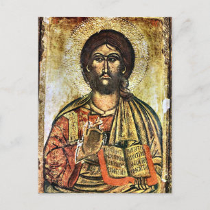 Postal Jesucristo sostiene el ícono ortodoxo de los Evang