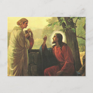 Postal Jesucristo y el buen samaritano en el pozo