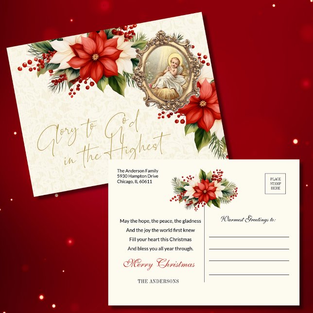 Postal Jesús Bebé de Navidad Poinsettias Feliz Navidad (Subido por el creador)