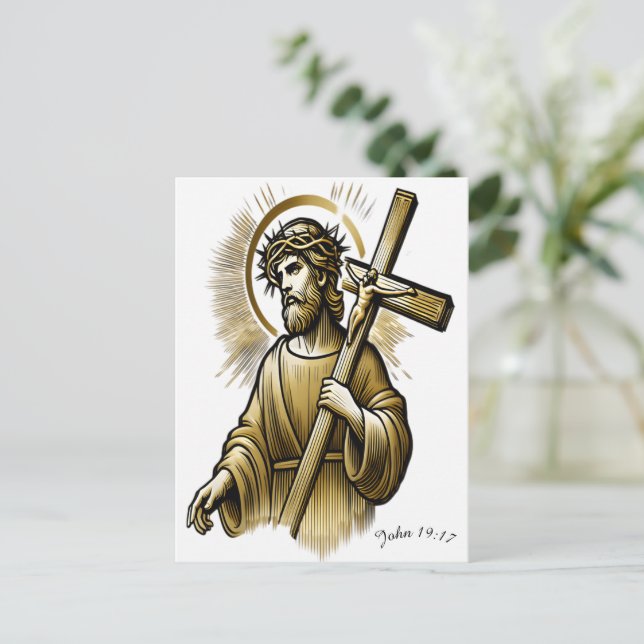 Postal Jesús cargando cruz de oro con gracia (Anverso de pie)