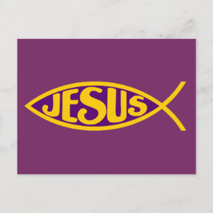 POSTAL JESUS CHRIST ICHTHYS SALVACIÓN DE PECES PURPLE GOL