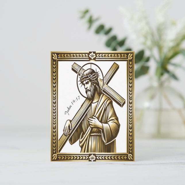 Postal Jesús con cruz de oro de la redención (Anverso de pie)