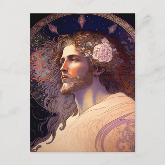 Postal Jesús con flores en el pelo de Mucha AI Generado (Anverso)