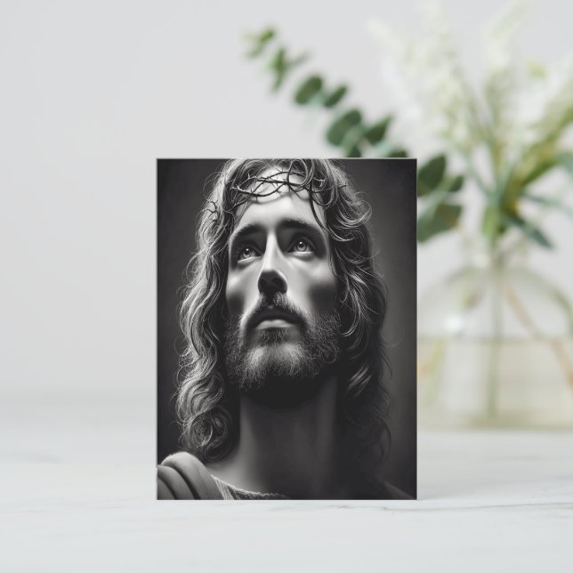 Postal Jesús Divino Pastor con mirada tensa (Anverso de pie)