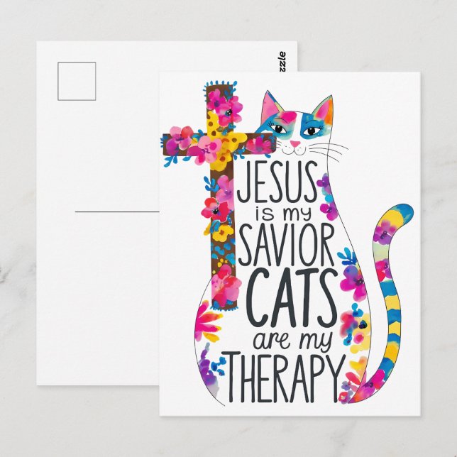 Postal Jesús Es Mi Salvador De Gatos Es Gracioso Mi Terap (Anverso / Reverso)