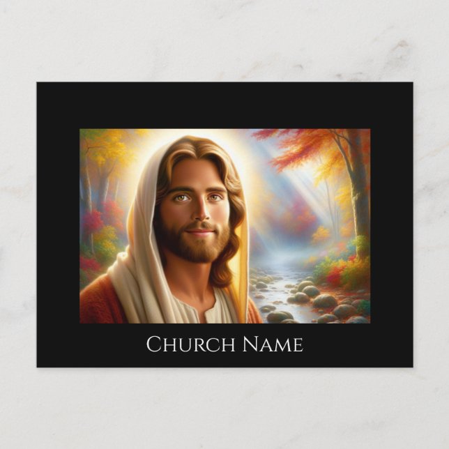 Postal Jesús sonriendo en un bosque celestial (Anverso)