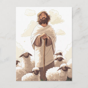 Postal Jesús sosteniendo un cayado de pastor rodeado de c