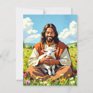 Postal Jesús sostiene un cordero   Pascua religiosa