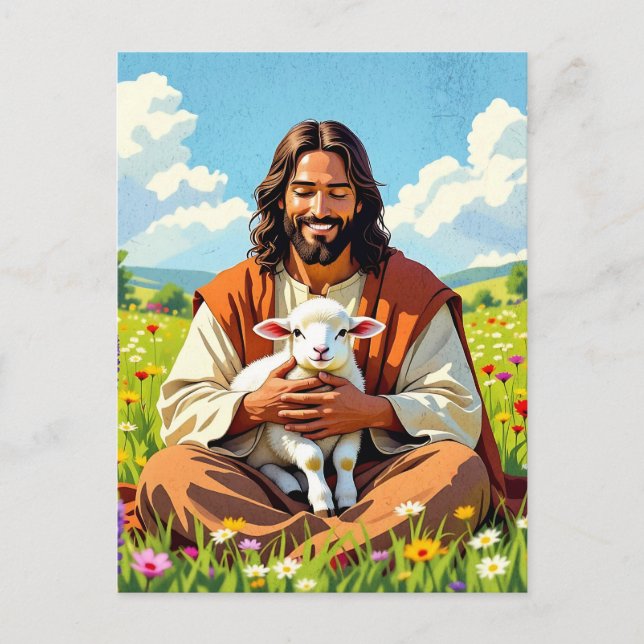 Postal Jesús sostiene un cordero | Pascua religiosa (Anverso)