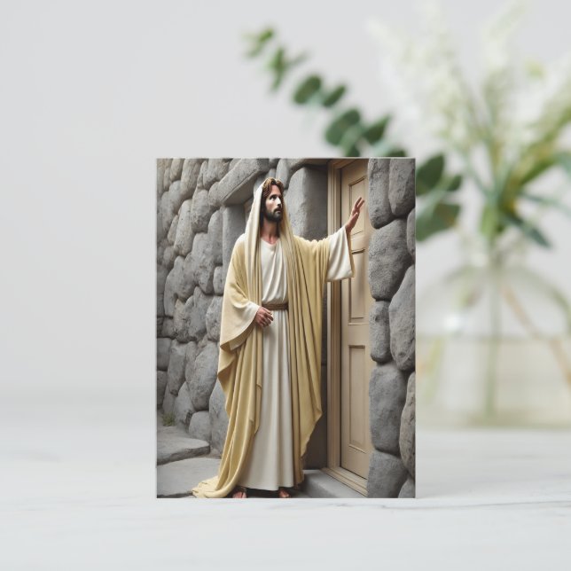 Postal Jesús tocando en la puerta antigua (Anverso de pie)