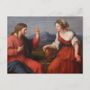Postal Jesús y la mujer en el pozo