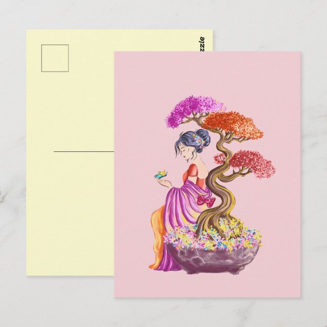 Postal Jeune fille et son arbre japonnais géant. (Anverso / Reverso)