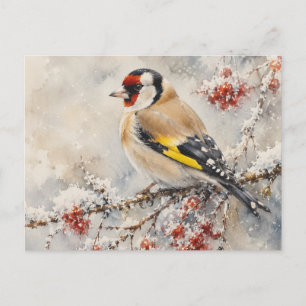Postal Jilguero acuarela pájaro sobre bayas de invierno