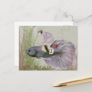 Postal Jinete de Peces Divertidos Número Doce Púrpura