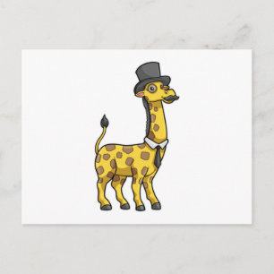 Postal Jirafa como caballero con sombrero, corbata y bigo