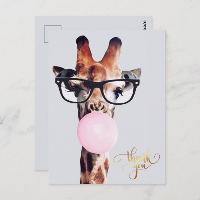 Postal Jirafa con gafas chicle Gracias (Anverso / Reverso)