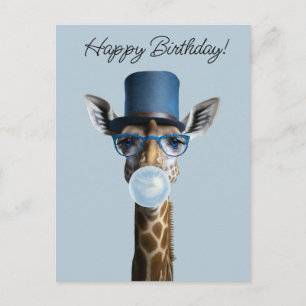 Postal Jirafa con gafas, sombrero de copa y chicle azul