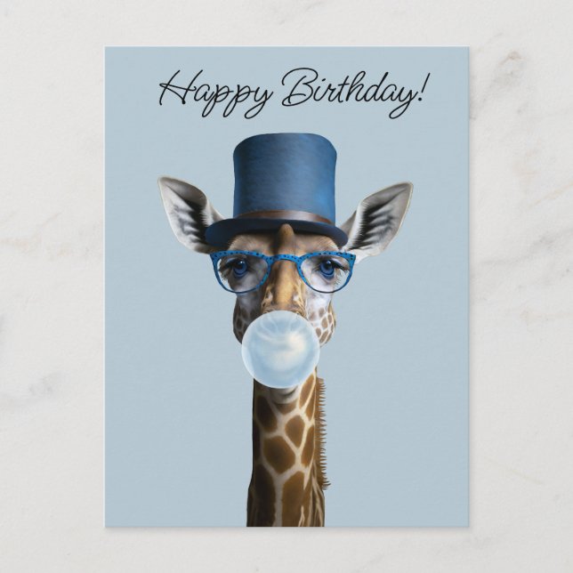 Postal Jirafa con gafas, sombrero de copa y chicle azul (Anverso)