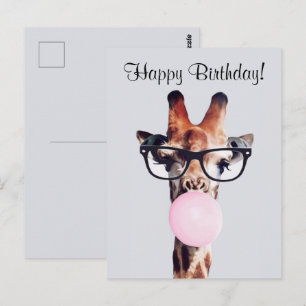 Postal Jirafa con gafas soplando chicle Feliz Cumpleaños