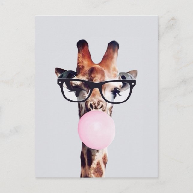 Postal Jirafa con gafas soplando chicle rosa (Anverso)