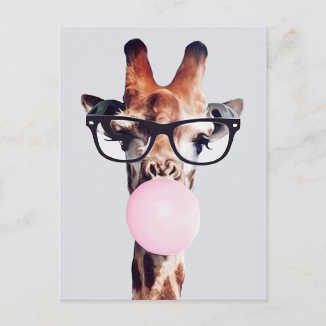 Postal Jirafa con gafas soplando chicle rosa (Anverso)