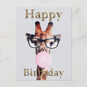 Postal Jirafa con gafas soplando chicle rosa
