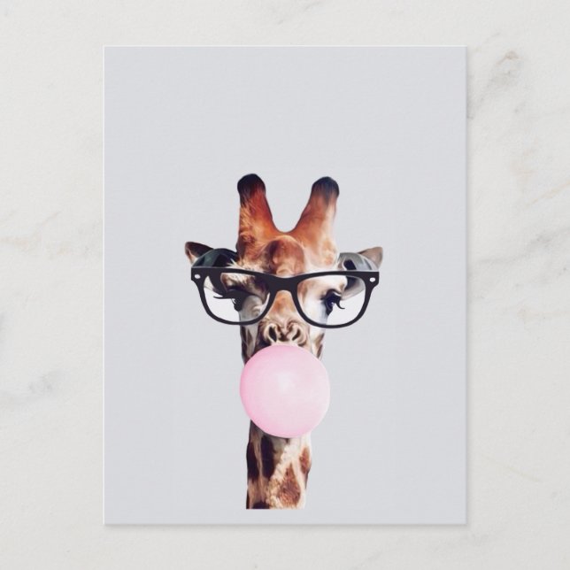 Postal Jirafa con gafas soplando una burbuja de chicle ro (Anverso)