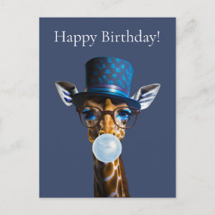 Postal Jirafa con sombrero de copa chicle Feliz Cumpleaño