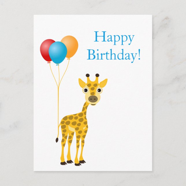 Postal Jirafa divertida con globos de colores (Anverso)